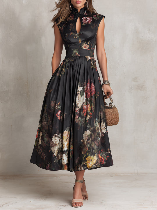 Elegant Keyhole Collar Pleated Satin Midi Dress