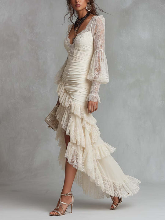 Vintage Boho Lace Asymmetrical Ruffle Dress