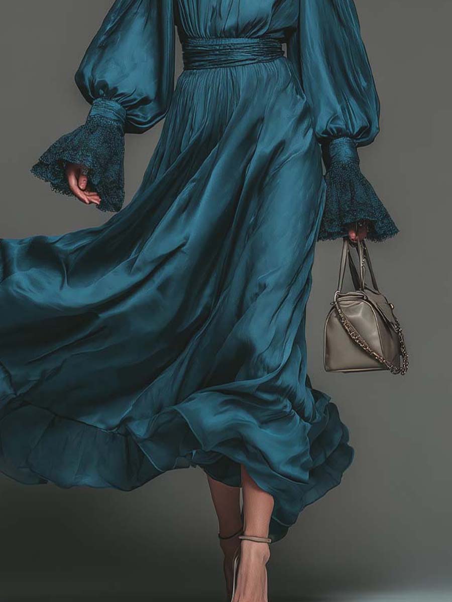 Deep Teal Satin Pleated Maxi Dress