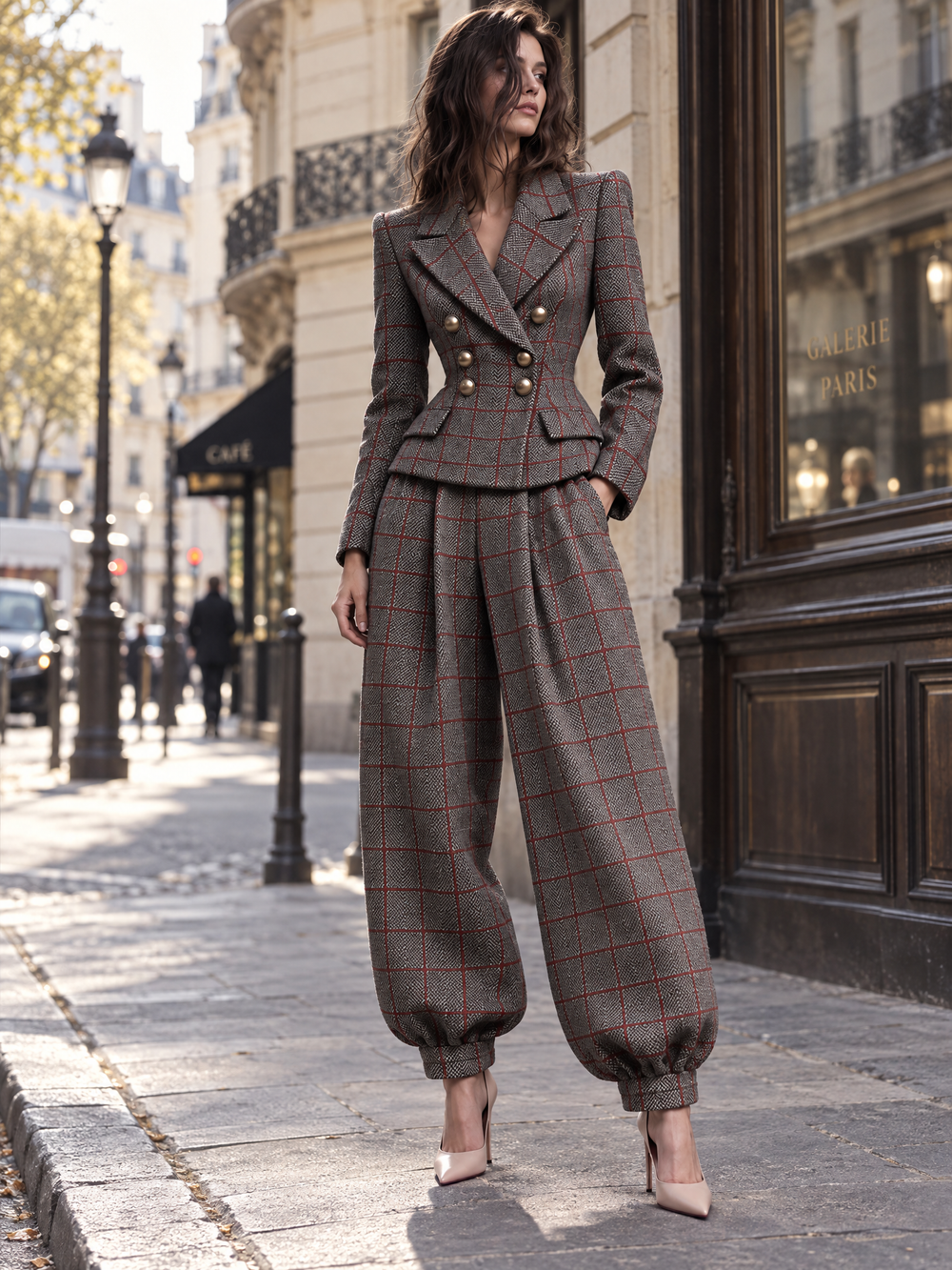 Retro Tailored Double-Breasted Plaid Blazer