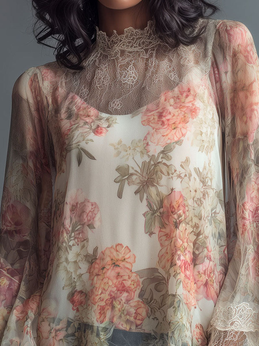 Vintage Floral Lace High-Neck Blouse With Sheer Bell Sleeve