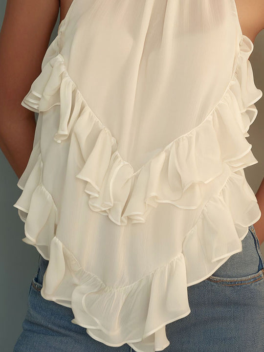 Ivory Chiffon Halter Blouse With Asymmetric Layered Ruffles