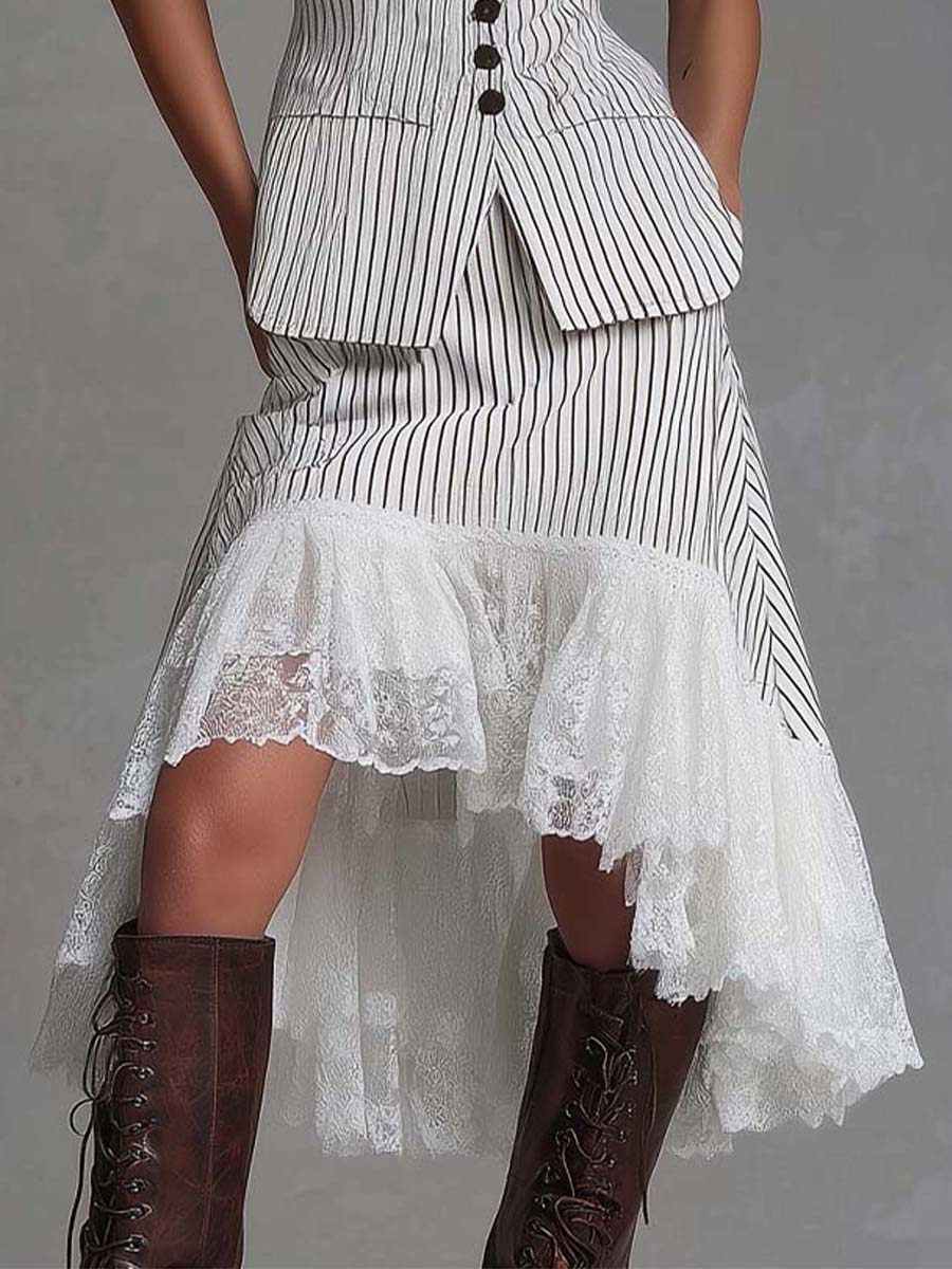 Classic Pinstripe Lace-Hem Vest & Midi Skirt Set