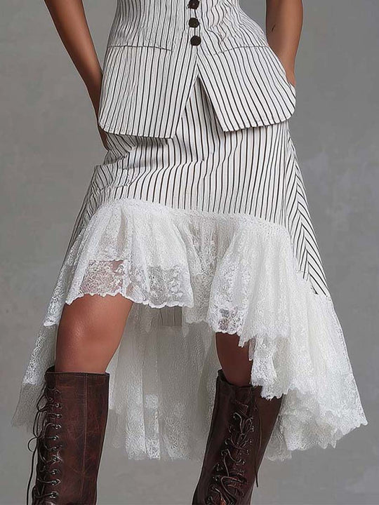 Classic Pinstripe Lace-Hem Vest & Midi Skirt Set