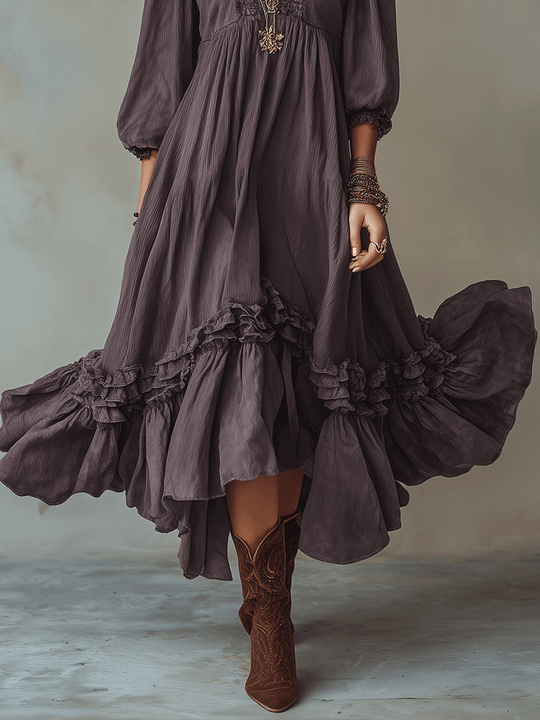 Flowy Vintage Boho Soft Ruffle Hem Tiered Maxi Dress