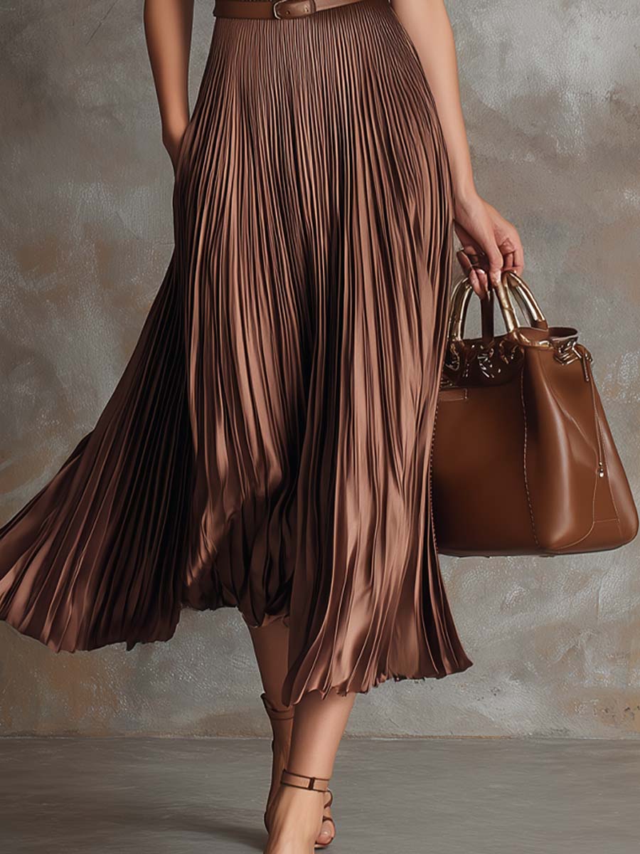 Retro Keyhole Neck Knitted Pleated Polyester Satin Midi Dress