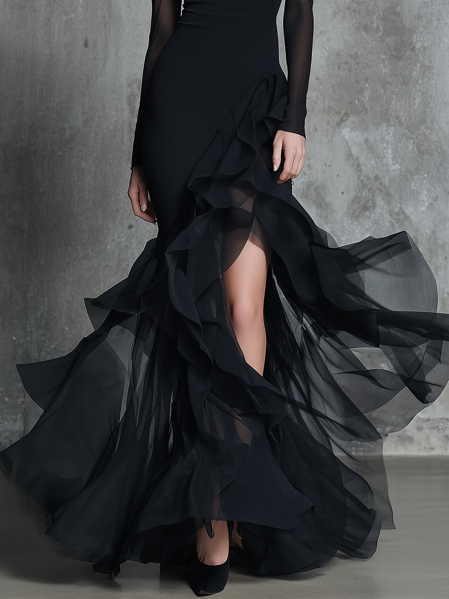 Vintage High-neck Mesh Panelled Maxi Dress With A Split Hem