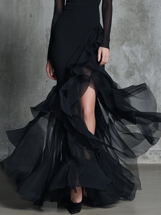 Vintage High-neck Mesh Panelled Maxi Dress With A Split Hem