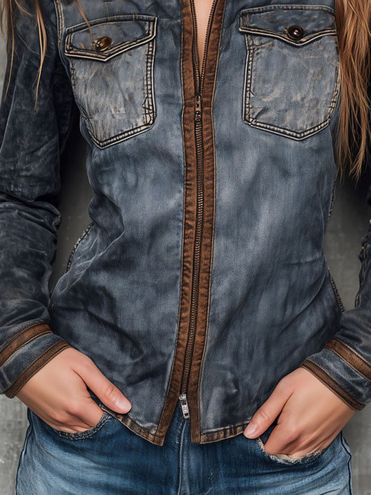Retro Western Faded Charcoal Zip-Front Denim Jacket With Contrast Trim