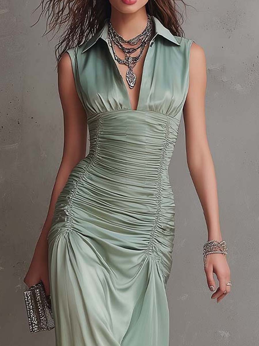 Elegant Sage Ruched Midi Dress