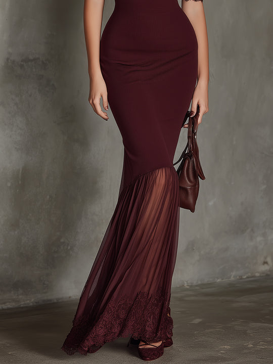 Retro Party Lace Fishtail Mesh Spliced hem Slim Maxi Dress