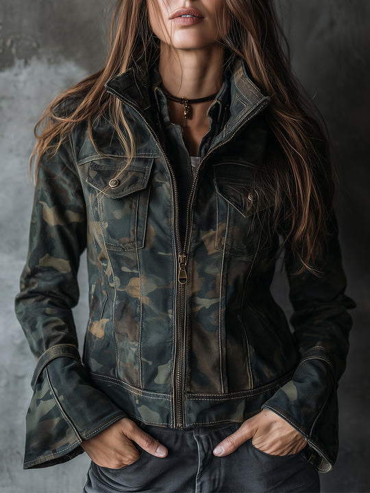 Bohemian Camouflage Bell Cuff Denim Jacket