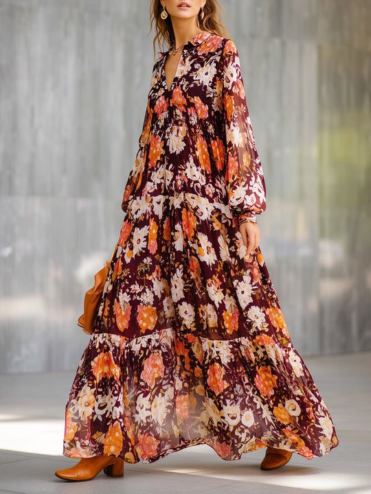 Holiday Bohemian Chiffon Print Ruffled Hem Maxi Dress