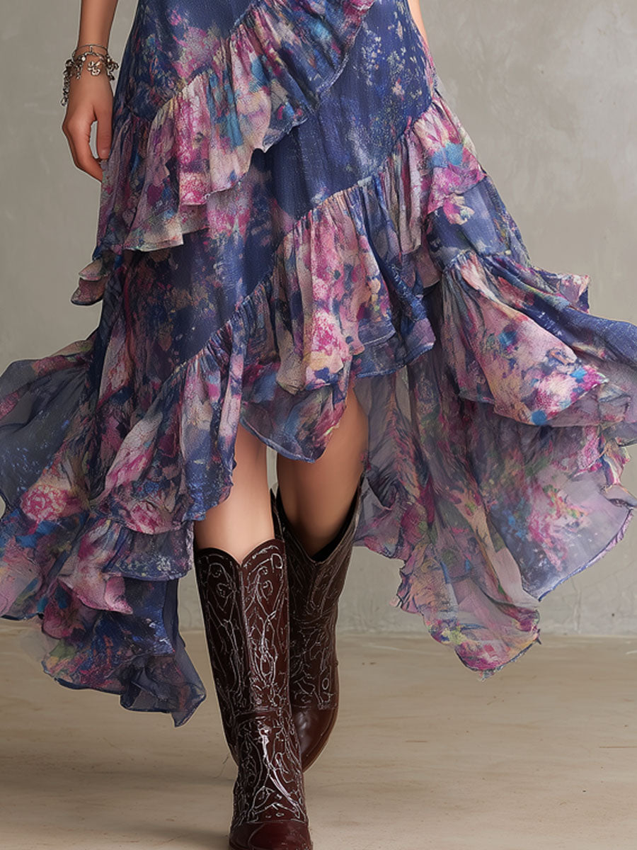 Bohemian Sheer Layered Ruffled Floral High-Neck Maxi Dress