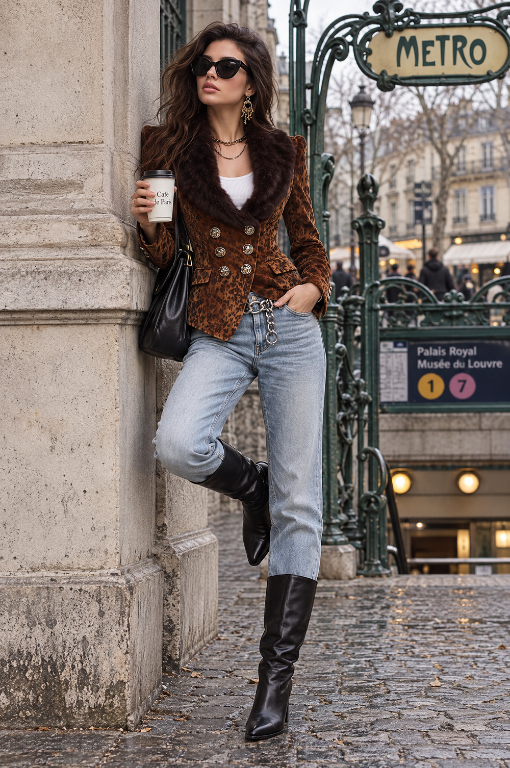 Leopard Print Gold Double-Breasted Buttons Velvet Blazer with Faux Fur Collar