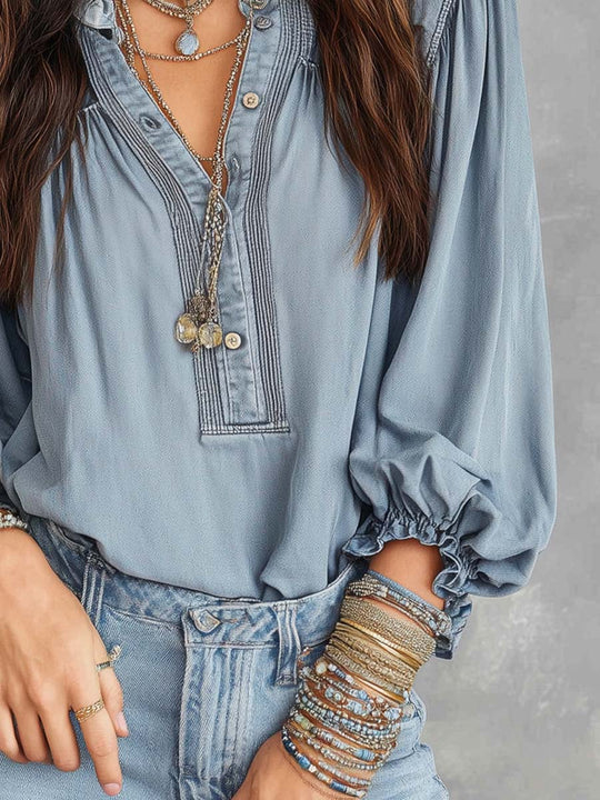 Retro Pleated Shoulder Denim Blouse
