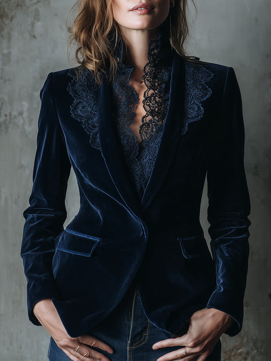 Quiet Luxury Lace Splicing Polyester Velvet Blazer