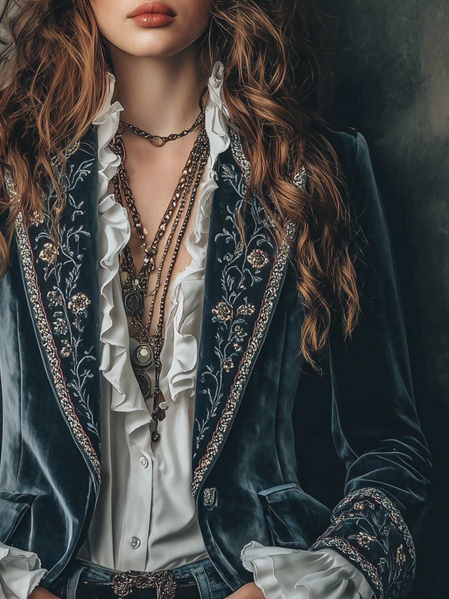 Vintage Flower Embroidered Cuffs Polyester Velvet Blazer