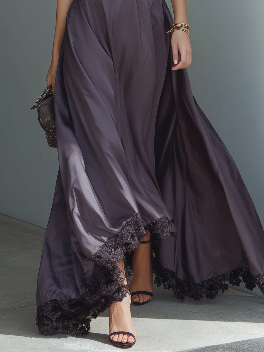 Elegant Keyhole Collar Satin Gown Maxi Dress