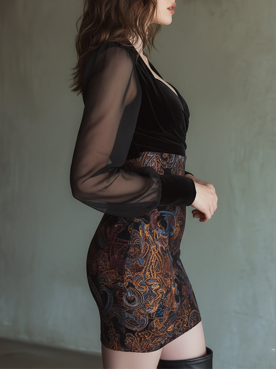 Elegant Paisley Pattern Polyester Velvet Mesh Mini Dress