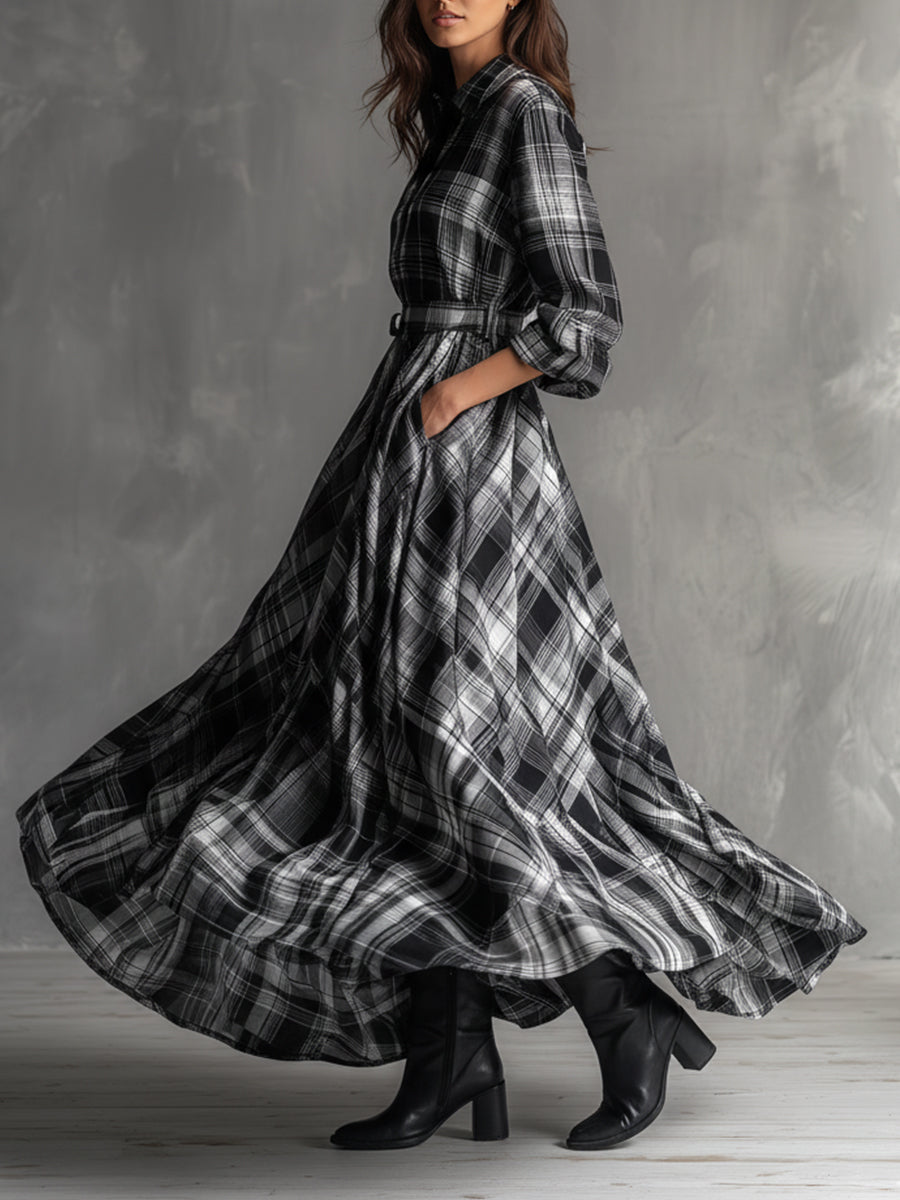 Bohemian Plaid Cotton Blend Shirt Maxi Dress