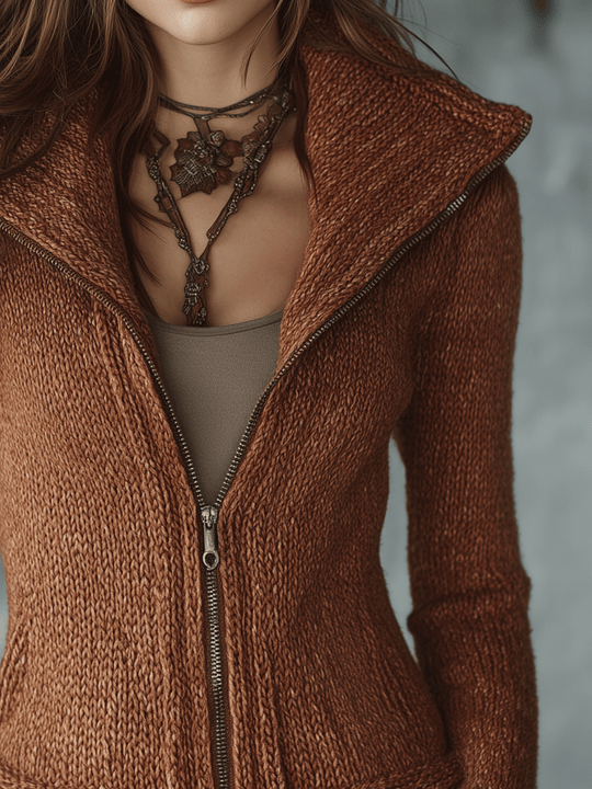 Warm Caramel Zip-Up High Collar Knit Cardigan