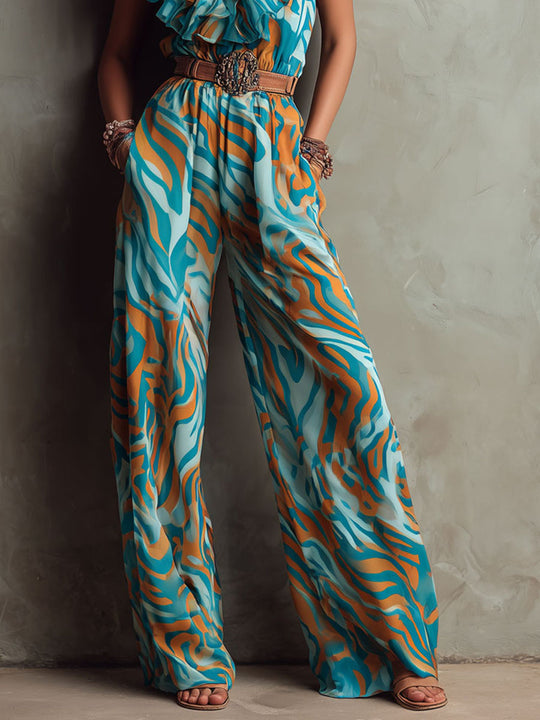 Boho Teal And Amber Waves Ruffled V-Neck Printed Jumpsuit