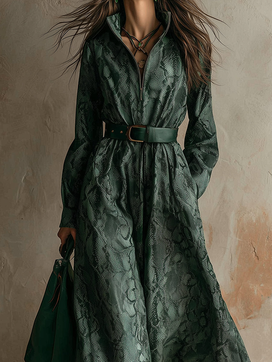 Bohemian Snake Print Polyester Suede Maxi Dress With Belt