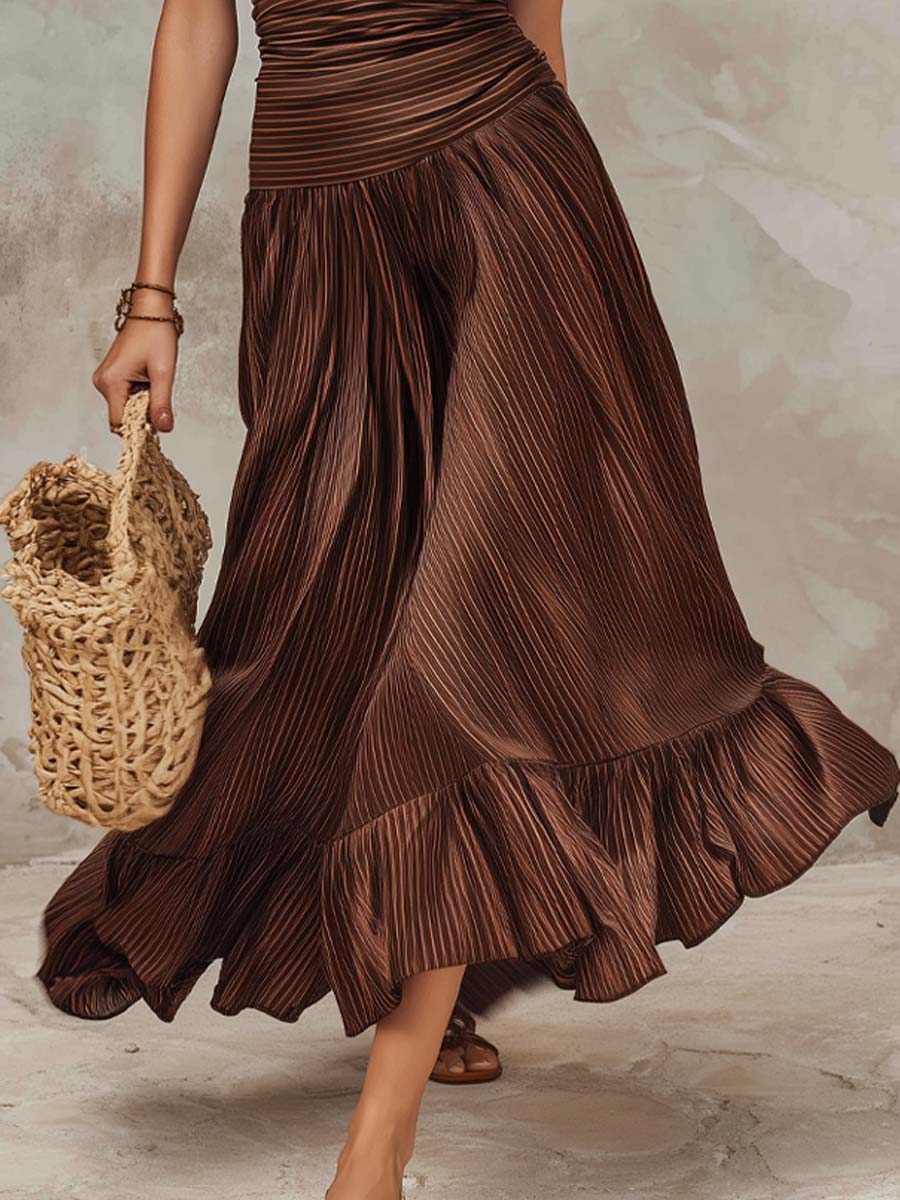 Retro Striped Ruffle Trim Polyester Satin Midi Dress