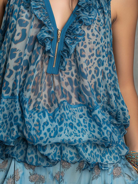 Boho Leopard Print Ruffle Chiffon Sleeveless Top