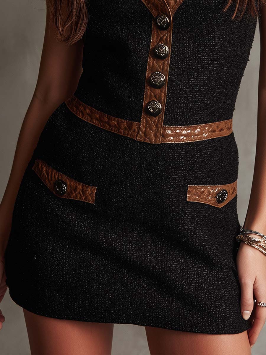 Button-Front Mini Dress With Contrast Trim