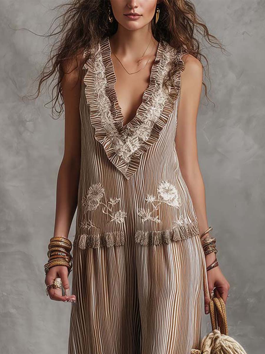 Lightweight Boho Embroidered Striped Chiffon Sleeveless Jumpsuit