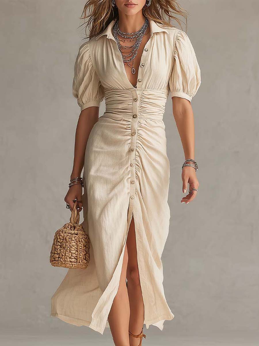 Elegant Vintage Cotton Button Midi Dress