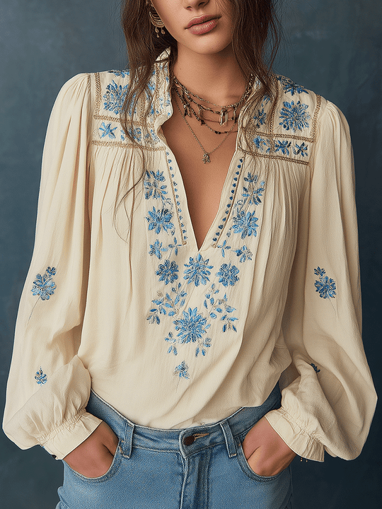 Embroidered Boho Blossom Peasant Blouse