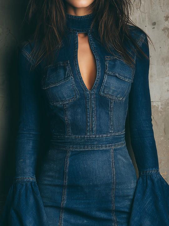 Retro Washed Keyhole Collar Bell Sleeve Denim Mini Dress
