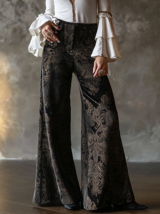 Vintage High-waisted Velveteen Paisley Print Wide-leg Pants