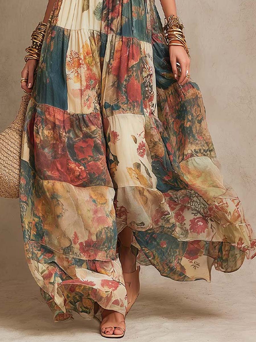 Bohemian Strapless Patchwork Floral Tiered Maxi Dress