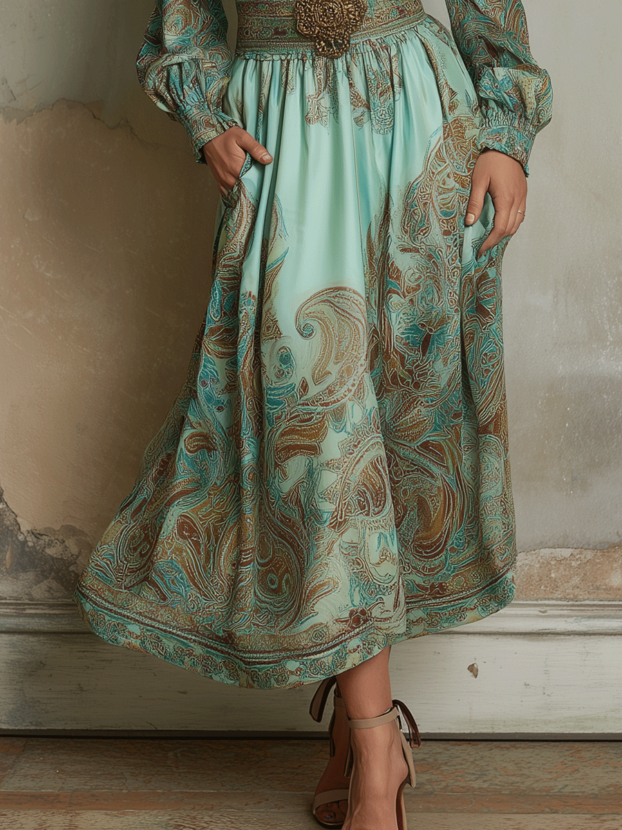 Vintage Boho Paisley Long-Sleeve Midi Dress