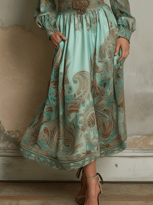 Vintage Boho Paisley Long-Sleeve Midi Dress