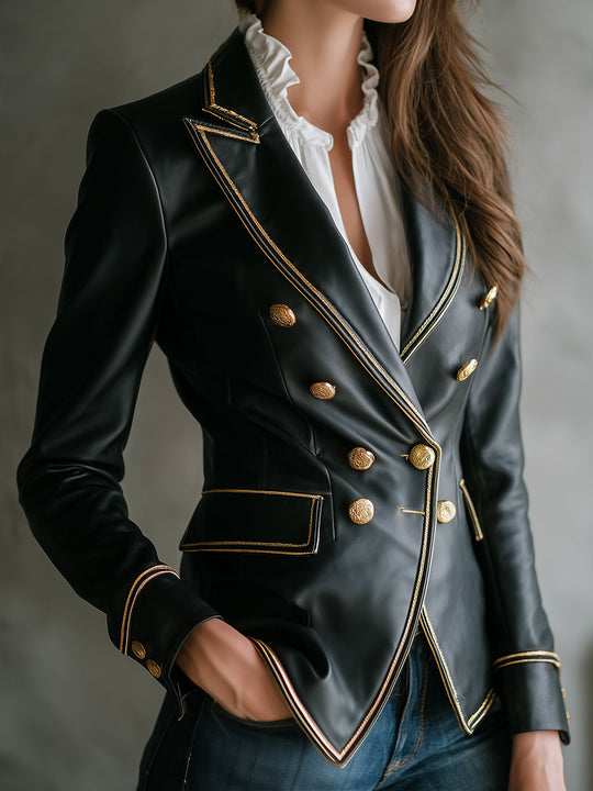 Vintage Black Faux Leather Military Blazer With Gold Trim