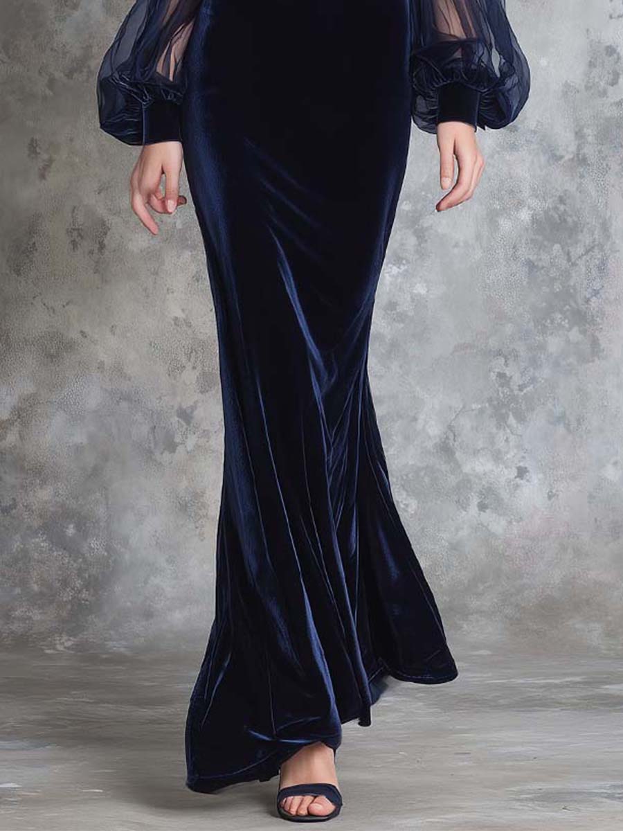 Velvet Maxi Dress With Sheer Puff Sleeves
