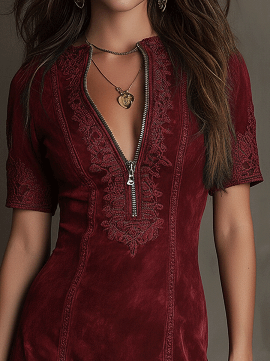 Vintage V-Neck Burgundy Suede Lace-Trim Mini Dress
