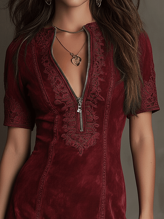Vintage V-Neck Burgundy Suede Lace-Trim Mini Dress