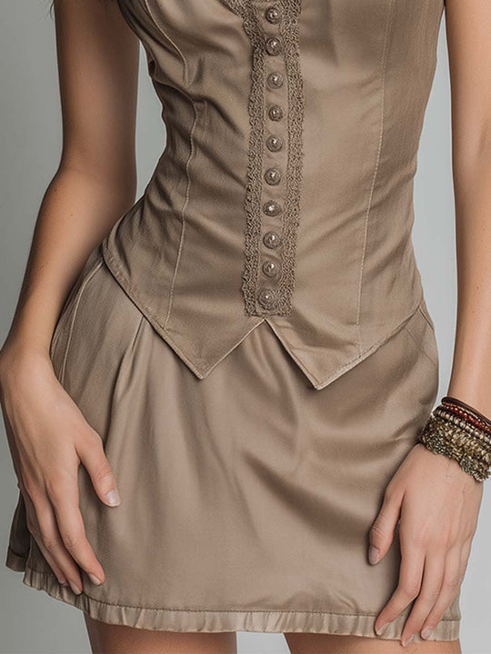 Classic Khaki Tencel Tailored Vest & Mini Skirt Set