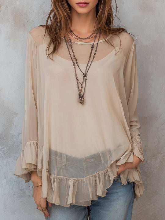 Ruffled Hem Sheer Blouse
