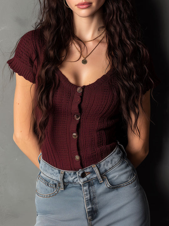 Classic Burgundy Button Front Ribbed Knit Slim Fit Top