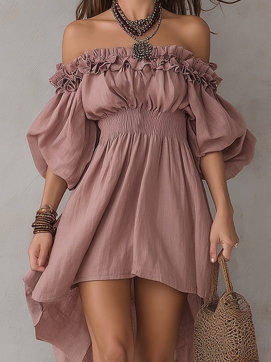 Off-the-shoulder Linen High-low Hem Midi Dress With Ruffles