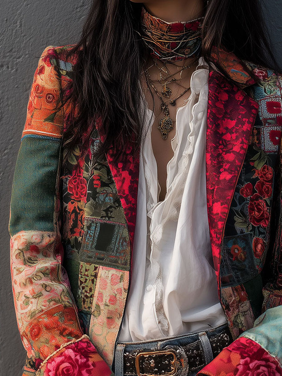 Bohemian Artistic Multicolor Floral Patchwork Print Blazer