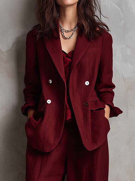 Wine Red Linen-Blend Relaxed Blazer & Wide-Leg Pants Set