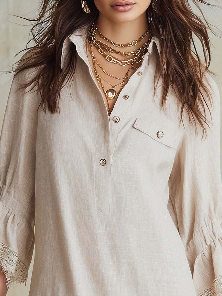 Bohemian Cotton Linen Lace Trim Mini Dress